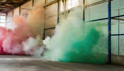 Fototapeta premium inside empty warehouse, clouds of bright colorful blue purple pink yellow smoke float in air. AI Generated.