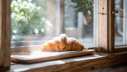 delicious fresh baked croissant near window, indoors.. AI Generated.