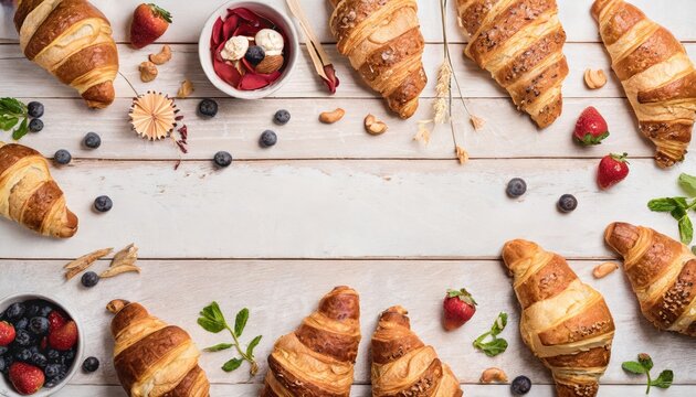 Frame made of delicious croissants and different fruits on light background. AI Generated.