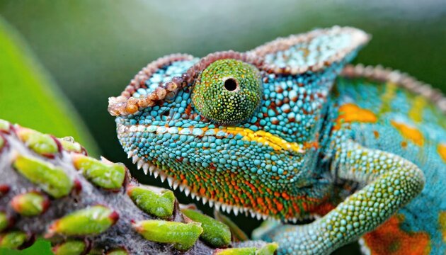 close up macro shot of a chameleon, Head shot of a veiled chameleon, Chamaeleo calyptratus. AI Generated.