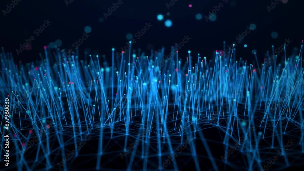 Poster abstract futuristic blue shiny selected focus wavy unique dots and straight lines connection digital