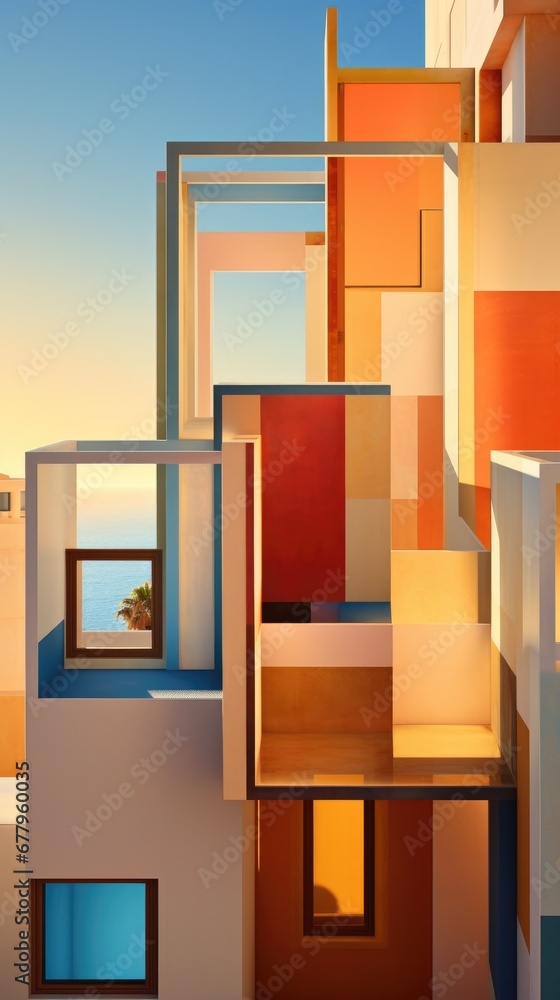 Poster a painting of a building with multiple balconies. generative ai.