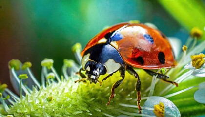 Fototapeta premium ladybug on his jounrey throught the meadow. close up macro shot. AI Generated.
