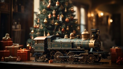 small toy train Christmas gift, decoration with small gifts and a Christmas tree in the background