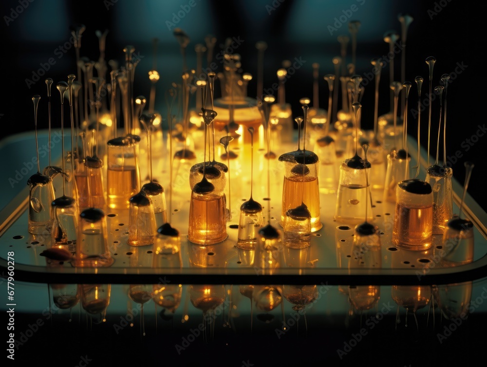 Poster a tray filled with lots of small bottles filled with liquid. generative ai.