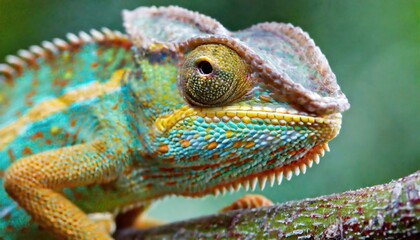 close up macro shot of a chameleon, Head shot of a veiled chameleon, Chamaeleo calyptratus. AI Generated.