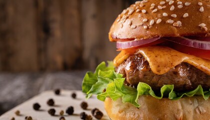 Delicious hamburger served on wooden planks. AI Generated.