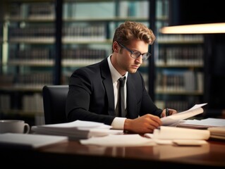 A man in a suit and tie sitting at a desk with papers. Generative AI.