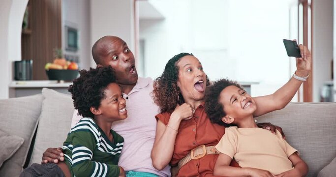 Home, face selfie and African family smile, bonding and pose for memory photo of children, mama and papa. Lounge couch, photography and profile picture of kids, mother and father post to social media