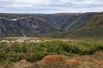 Stunning view of Long Range Mountains from the top of Gros Morne mountain on a stormy autumn day in...