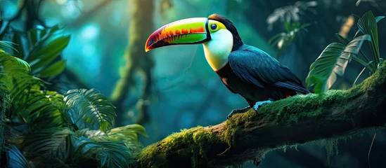Foto op Plexiglas In the heart of a lush emerald forest a white toucan wistfully gazed at the sprawling beauty of nature dreaming of its next travel adventure in space while showcasing its exquisite black and © TheWaterMeloonProjec