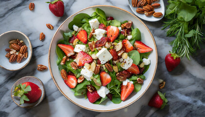 A top-down perspective of a summer salad highlights the freshness of mixed greens, strawberries, feta cheese, and candied pecans, creating a light and vibrant dish.