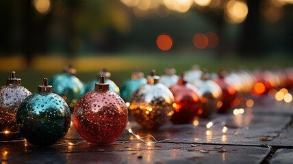 decoration of Christmas spheres with lights inside, on wet ground, with warm lights in the background