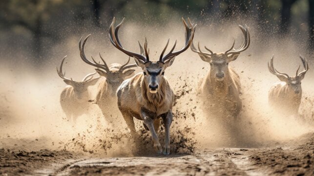 Mule deers Fleeing Predators Running towards the Camera through the Muddy Water in the Forest Wildlife Herbivores Animal Photography Endangered Species Nature Environmental Conservation Protection