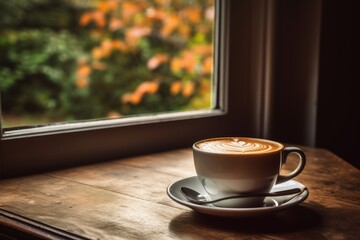Obraz premium A Creamy Ginger Caramel Latte Resting on a Rustic Table with the Soft Glow of Morning Sunlight