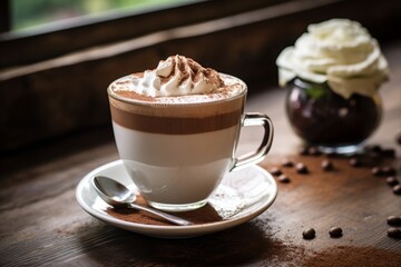 Morning delight: A deliciously warm Cafe Mocha served in a ceramic mug on a vintage wooden table in a charming coffee shop