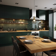 kitchen room interior with Concept of contemporary design dark green tone