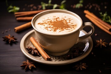Aromatic Cinnamon Chai Tea Captured in Close-Up in a Ceramic Mug