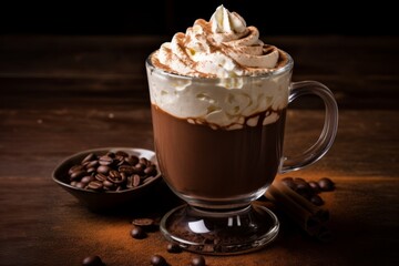 Aromatic blend of chocolate and vanilla coffee served warm with whipped cream and cocoa sprinkle