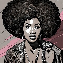 An illustration of a pretty black african american woman with an afro from the 1970s disco era. Black and white line drawing.