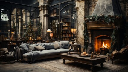 interior of an industrial-type loft decorated for Christmas, fireplace and decorated Christmas tree in the background