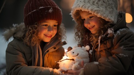 girls making happy snowmen near christmas with clothes on cold snowy ground, snowman with twigs