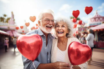 happy smiling old couple with heart shaped balloons - obrazy, fototapety, plakaty