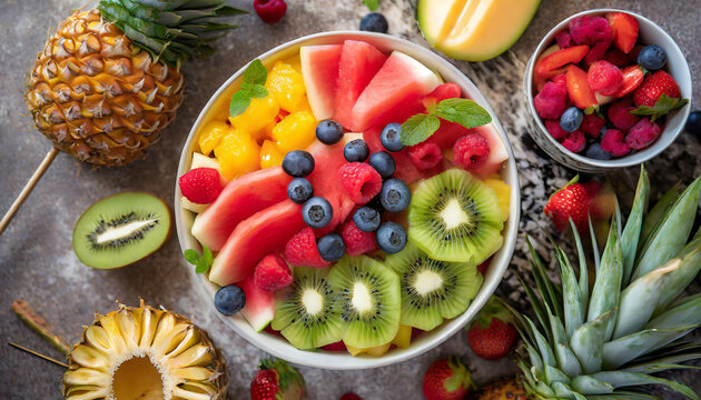 A top-down shot captures the beauty of a rainbow fruit salad, with an array of vibrant fruits like watermelon, kiwi, pineapple, and berries, creating a refreshing and visually appealing dish.