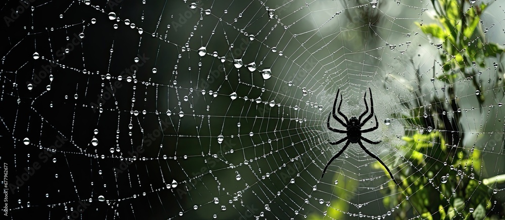 Wall mural in the midst of a vibrant garden a black spider weaves an intricate web its ethereal design standing