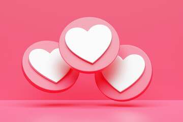 Social media heart icon, like icon, 3d icon, heart, online social communication applications concept, message, like notification isolated on  pink background. 3d rendering