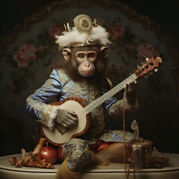Monky wearing a prince costume, anthropomorphic creative animal pet character concept, commercial editorial advertisement, halloween festive season 3d digital artwork illustration.