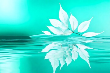 Fototapeta na wymiar White transparent leaf on mirror surface with reflection on turquoise background macro