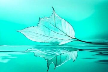 White transparent leaf on mirror surface with reflection on turquoise background macro