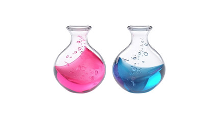 Chemistry of love concept. Set of flasks with pink and blue liquid,  isolated on white background, PNG Transparency