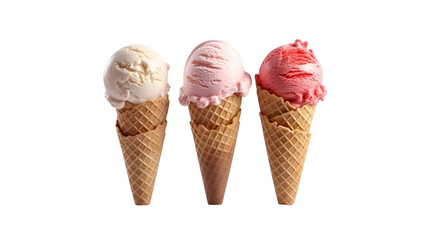 Chocolate, vanilla and strawberry Ice cream in the cone on white background with clipping path, PNG Transparency