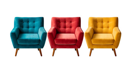 collection Set of red blue and yellow retro vantage armchairs cutouts single seat sofas isolated on transparent background, PNG Transparency