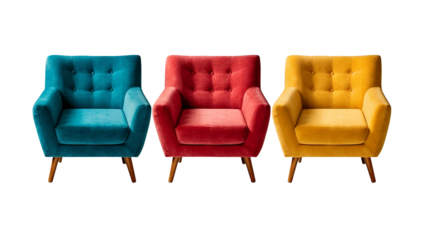 collection Set of red blue and yellow retro vantage armchairs cutouts single seat sofas isolated on transparent background, PNG Transparency