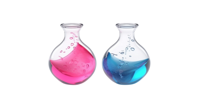 Chemistry of love concept. Set of flasks with pink and blue liquid, isolated on white background, PNG Transparency