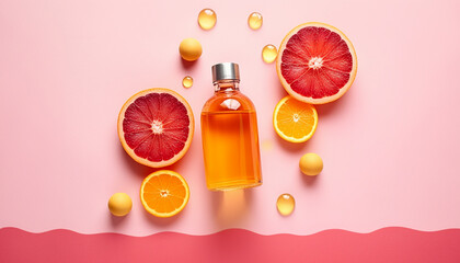 Natural vitamin c serum, skincare, essential oil products. Bottle of vitamin C serum with fresh juicy orange fruit. Beauty product branding mock-up.