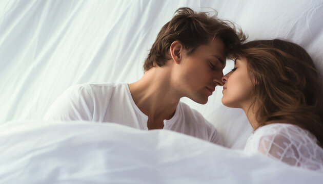 couple kissing in bed