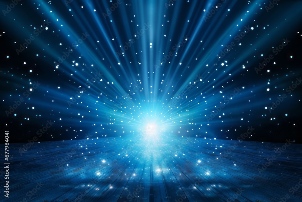 Wall mural shining blue stars background with light rays, abstract light background with bokeh