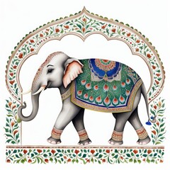 Mughal peacock elephant painting pattern on white background with AI Generative Technology