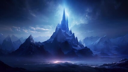 A towering indigo mountain, its jagged peaks reaching up to the sky. The surface of the mountain is covered in ancient symbols and markings, seemingly glowing with an otherworldly power.