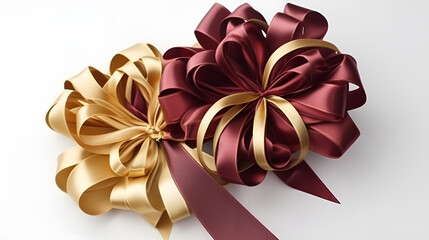 red bow with ribbon, Red bow with bell on golden background holidays concept