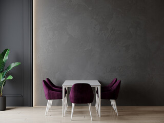 Dining room in dark gray microcement plaster wall, accent colors chairs. Plum violet purple velvet. Minimalistic room - mockup menu template or blank invitation. Kitchen or restaurant. 3d render 