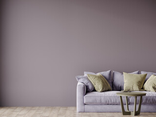 Living room in lavender lilac pastel colors. Mockup empty light room interior with accents olive color. Design in modern minimalist style. Horizontal canvas. Empty paint purple dusty wall. 3d render