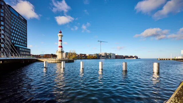 Malmo harbor lighthouse timelapse. Sweden