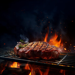A photorealistic depiction of a beef steak grilling, capturing vivid light and shadow in a graceful style.