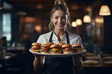 A woman holding a plate of burgers in a restaurant, in the style of uniformly staged images, radiating optimism and joy. - obrazy, fototapety, plakaty