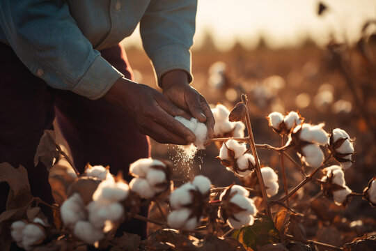 farmer hands harvesting cotton tree at cotton field bokeh style background